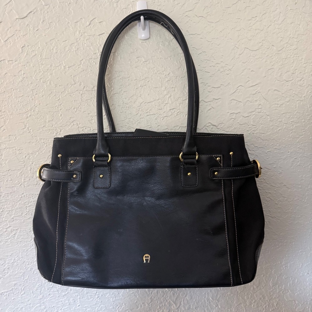 Etienne Aigner Black Leather Canvas Tote Bag Gold Hardwareβ Buckle Detail